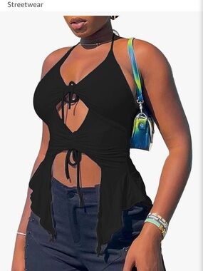 NWT Black Tie-Front Halter Crop Top
